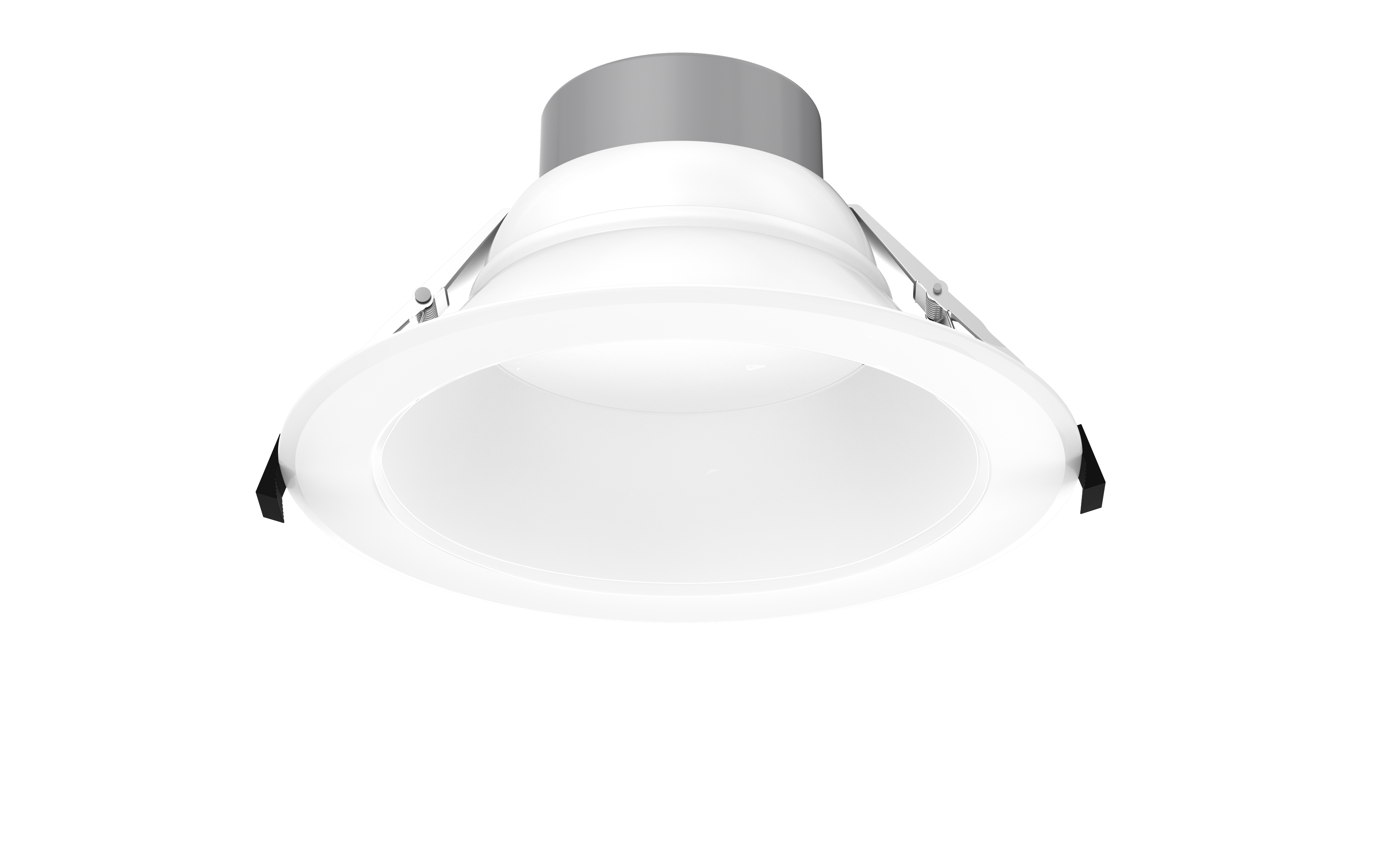 GV FlexCan 10-inch recessed can light with a white aluminum trim. Features adjustable power (6W-16W) and selectable color temperature (2700K-5000K). Offers 80-degree beam angle, high CRI, and 0-10V dimmable functionality. Suitable for commercial applications with an IP54 rating for damp locations. Recessed can lights are also known as disc lights and high hats.