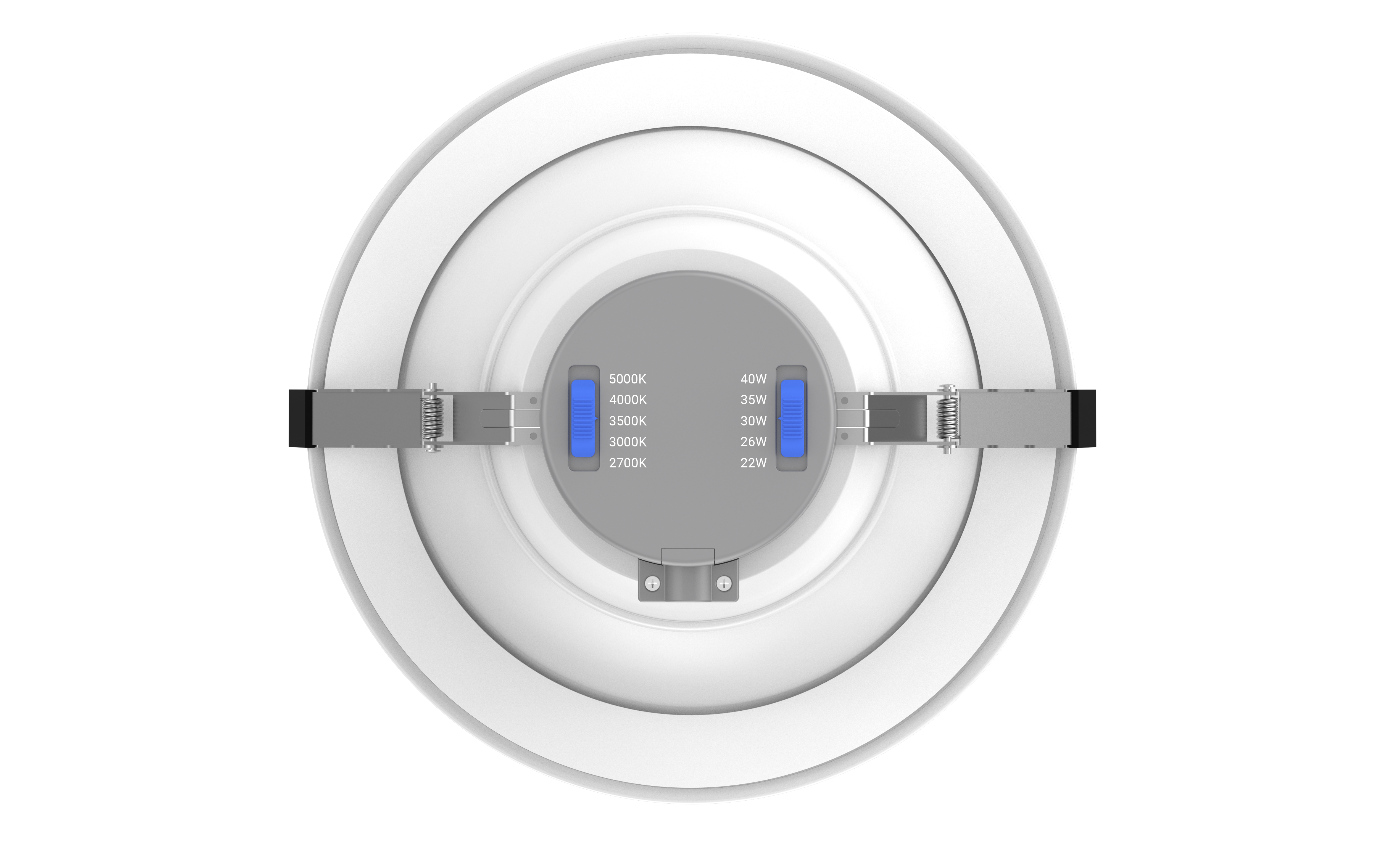 GV FlexCan 10-inch recessed can light with a white aluminum trim. Features adjustable power (6W-16W) and selectable color temperature (2700K-5000K). Offers 80-degree beam angle, high CRI, and 0-10V dimmable functionality. Suitable for commercial applications with an IP54 rating for damp locations. Recessed can lights are also known as disc lights and high hats.