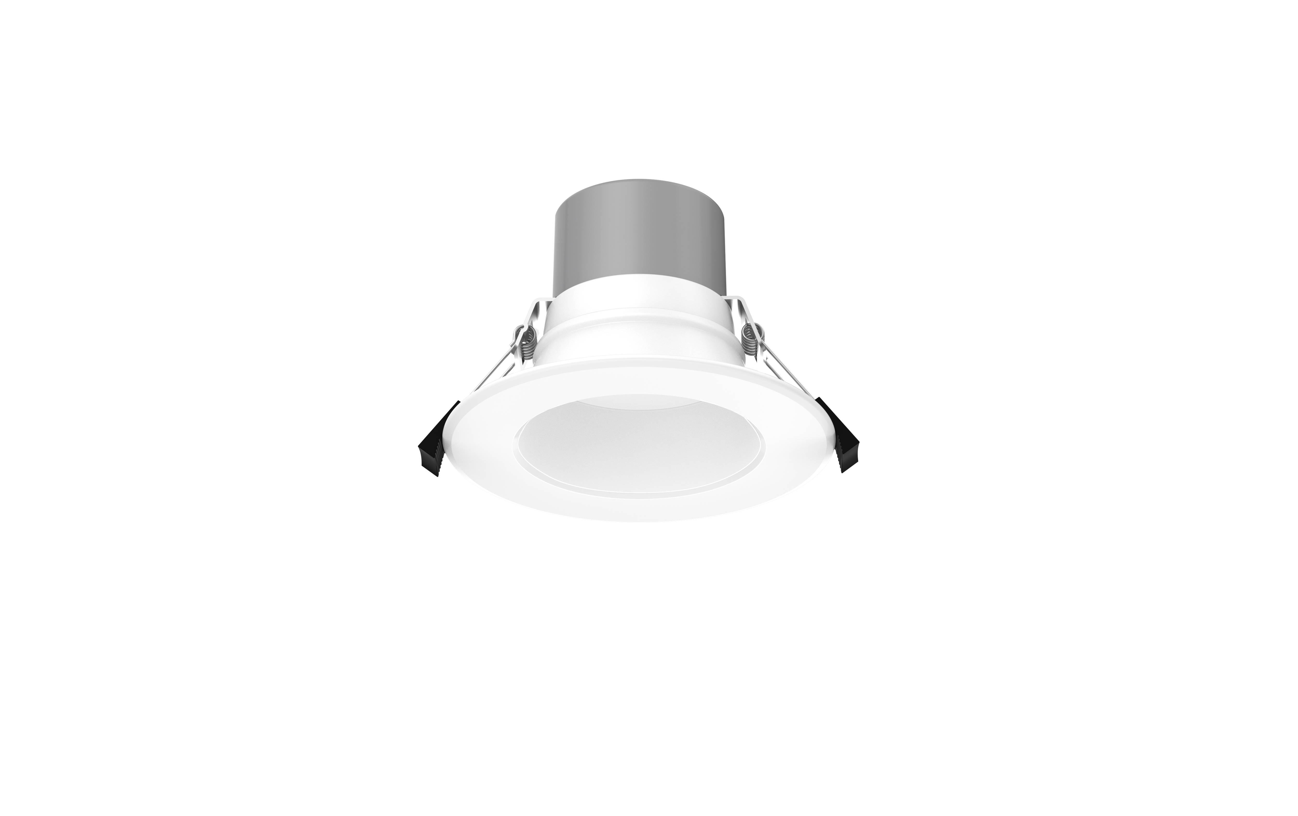 GV FlexCan 4-inch recessed can light with a white aluminum trim. Features adjustable power (6W-16W) and selectable color temperature (2700K-5000K). Offers 80-degree beam angle, high CRI, and 0-10V dimmable functionality. Suitable for commercial applications with an IP54 rating for damp locations. Recessed can lights are also known as disc lights and high hats.