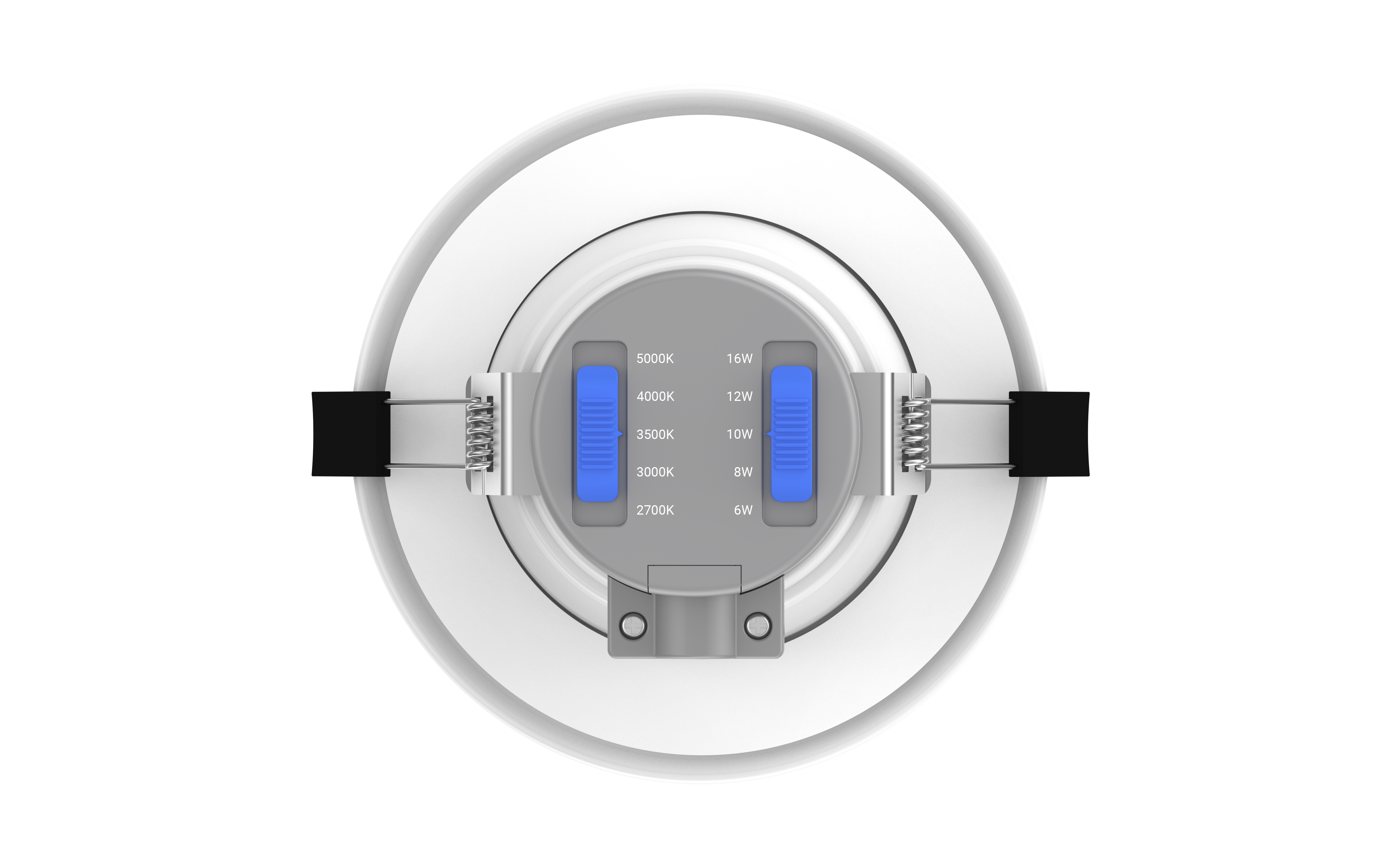 GV FlexCan 4-inch recessed can light with a white aluminum trim. Features adjustable power (6W-16W) and selectable color temperature (2700K-5000K). Offers 80-degree beam angle, high CRI, and 0-10V dimmable functionality. Suitable for commercial applications with an IP54 rating for damp locations. Recessed can lights are also known as disc lights and high hats.