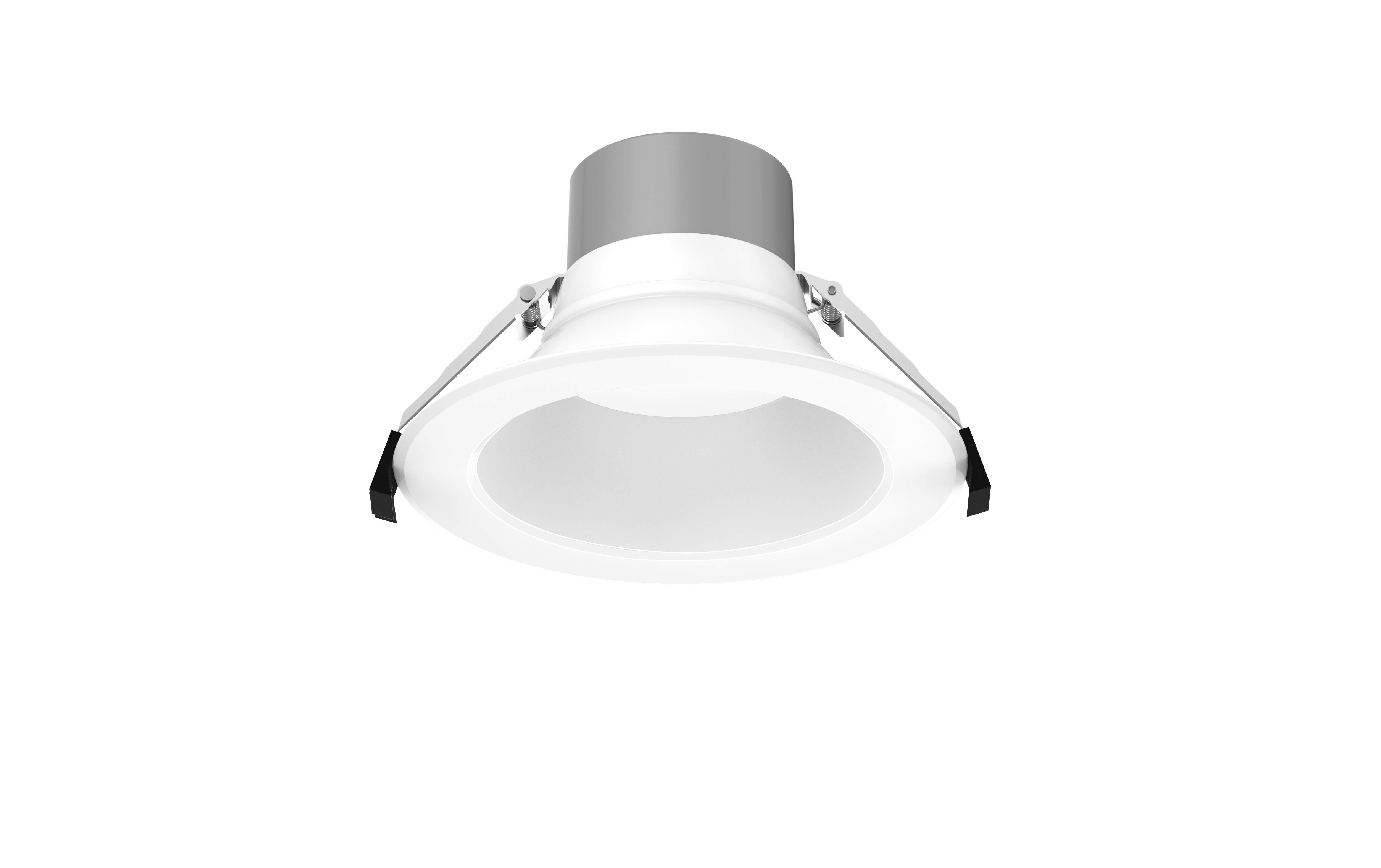GV FlexCan 6-inch recessed can light with a white aluminum trim. Features adjustable power (6W-16W) and selectable color temperature (2700K-5000K). Offers 80-degree beam angle, high CRI, and 0-10V dimmable functionality. Suitable for commercial applications with an IP54 rating for damp locations. Recessed can lights are also known as disc lights and high hats.