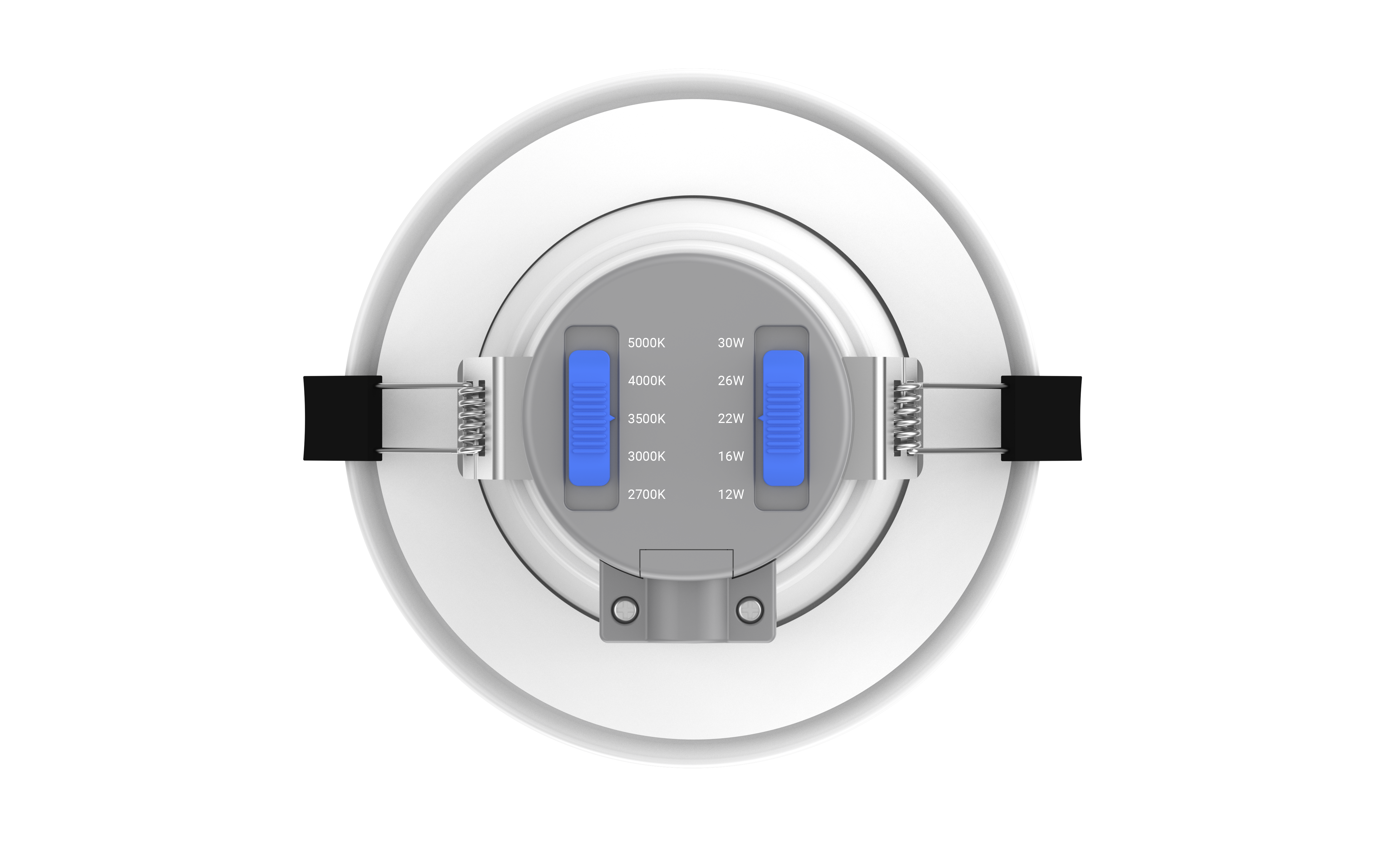 GV FlexCan 6-inch recessed can light with a white aluminum trim. Features adjustable power (6W-16W) and selectable color temperature (2700K-5000K). Offers 80-degree beam angle, high CRI, and 0-10V dimmable functionality. Suitable for commercial applications with an IP54 rating for damp locations. Recessed can lights are also known as disc lights and high hats.