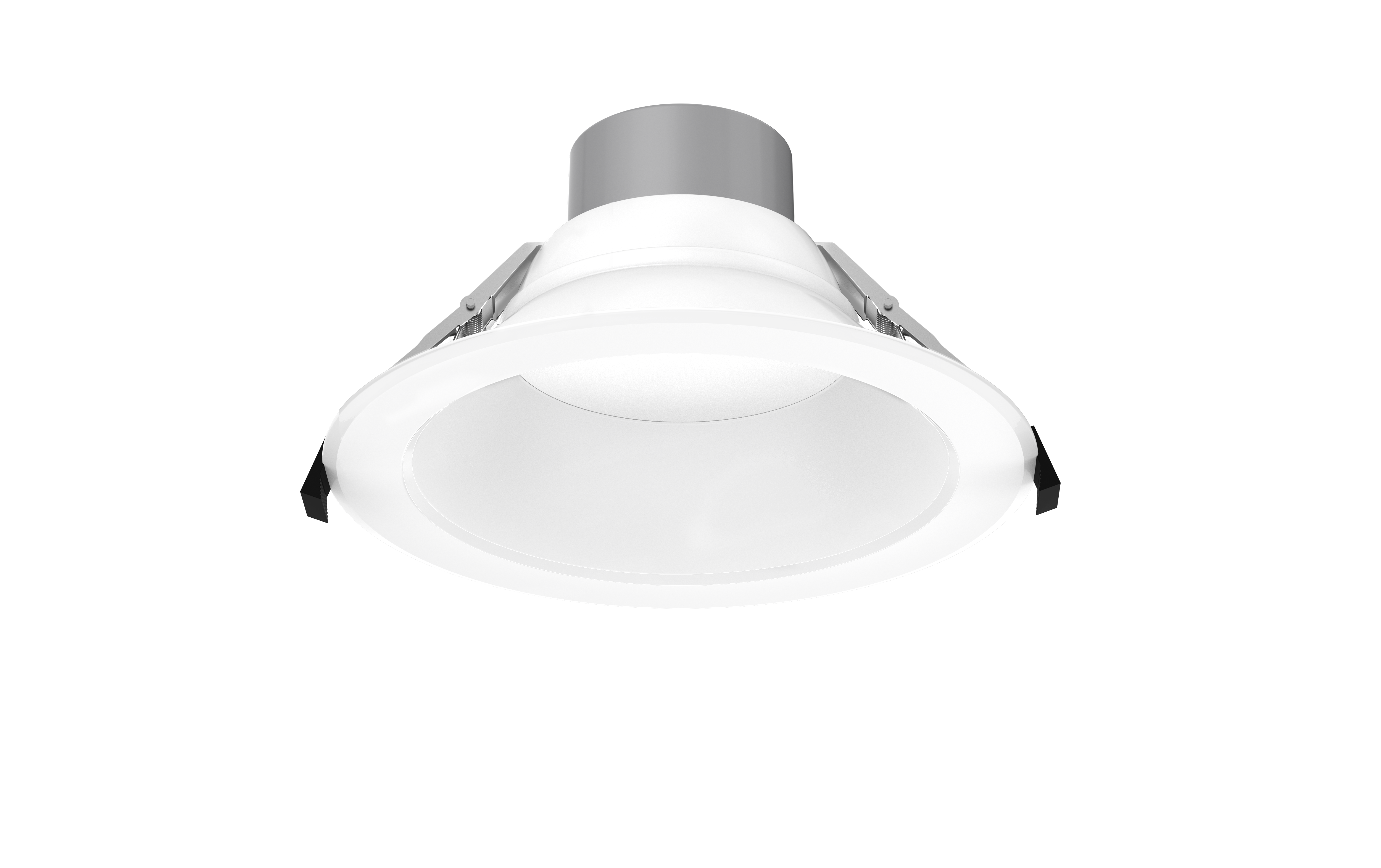 GV FlexCan 8-inch recessed can light with a white aluminum trim. Features adjustable power (6W-16W) and selectable color temperature (2700K-5000K). Offers 80-degree beam angle, high CRI, and 0-10V dimmable functionality. Suitable for commercial applications with an IP54 rating for damp locations. Recessed can lights are also known as disc lights and high hats.