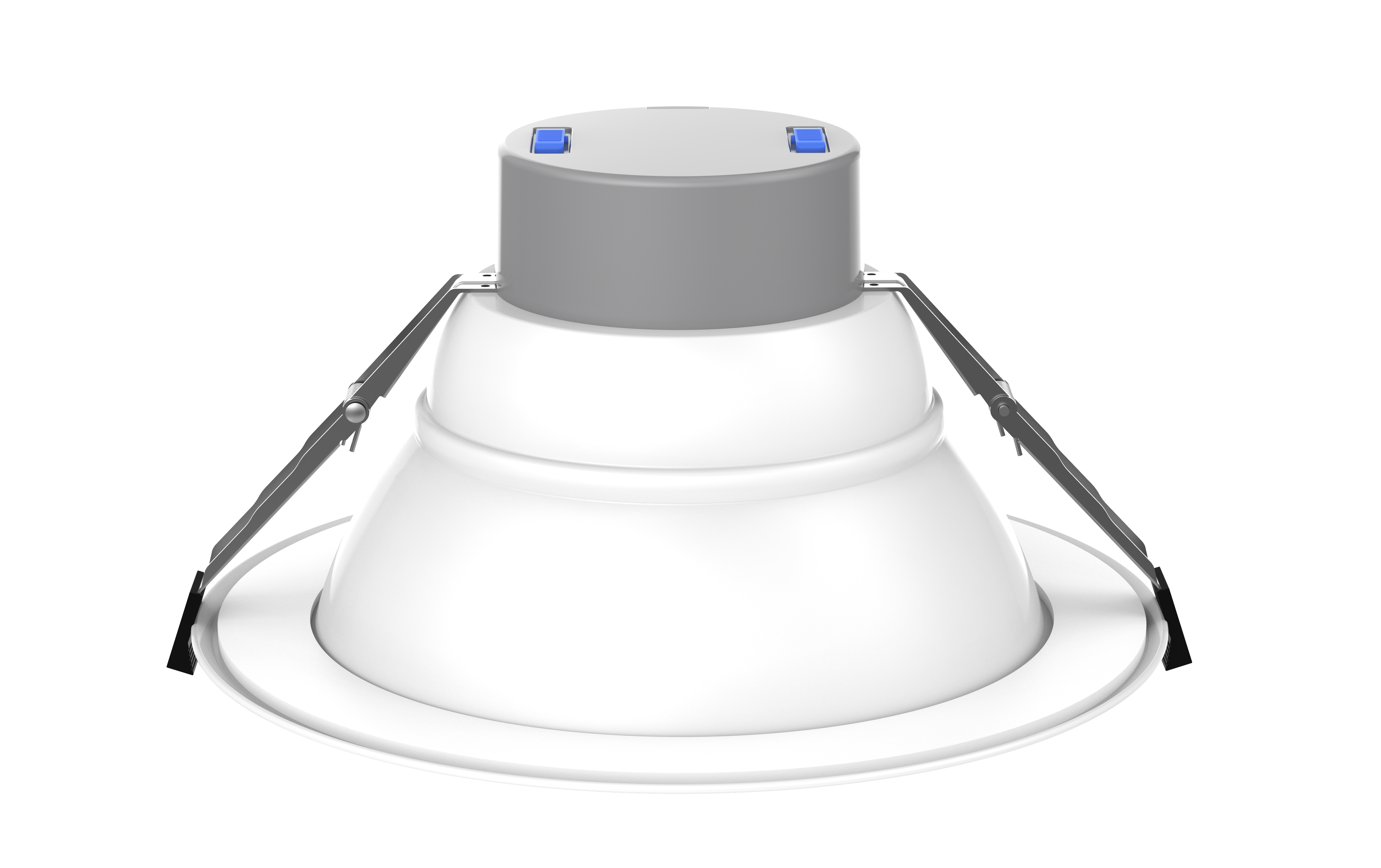 GV FlexCan 8-inch recessed can light with a white aluminum trim. Features adjustable power (6W-16W) and selectable color temperature (2700K-5000K). Offers 80-degree beam angle, high CRI, and 0-10V dimmable functionality. Suitable for commercial applications with an IP54 rating for damp locations. Recessed can lights are also known as disc lights and high hats.