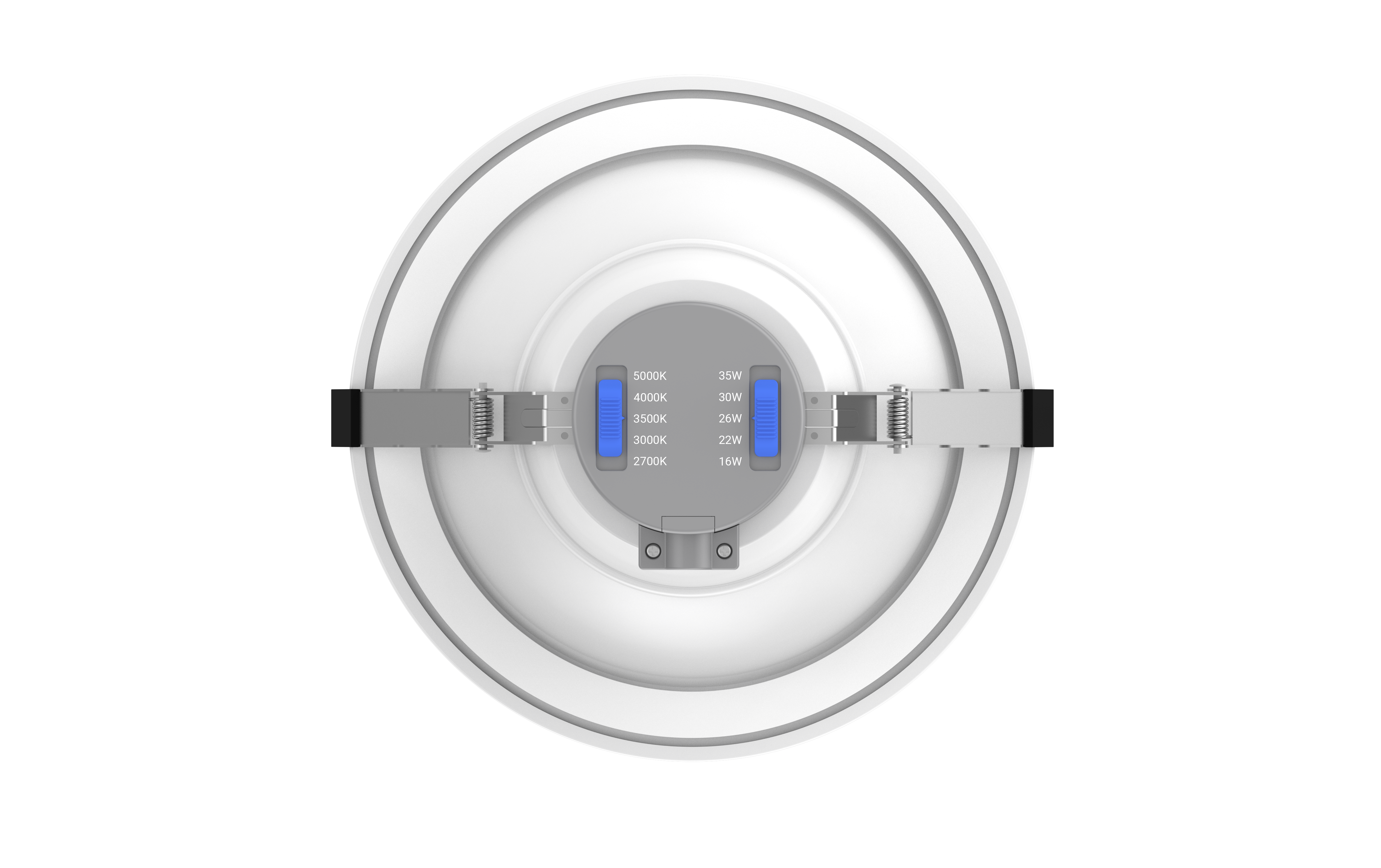 GV FlexCan 8-inch recessed can light with a white aluminum trim. Features adjustable power (6W-16W) and selectable color temperature (2700K-5000K). Offers 80-degree beam angle, high CRI, and 0-10V dimmable functionality. Suitable for commercial applications with an IP54 rating for damp locations. Recessed can lights are also known as disc lights and high hats.