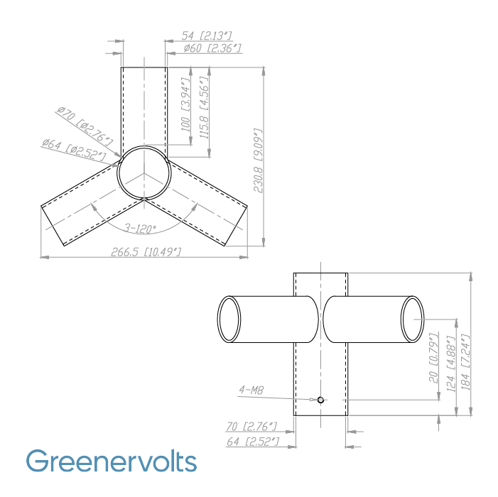 GV Tenon Adapter with 3 Horizontal Tenons at 120 Degrees